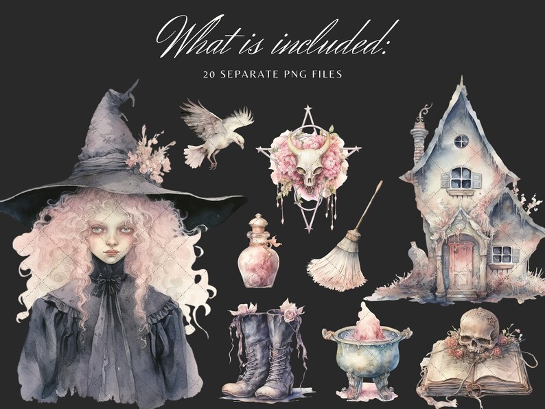 May include: A watercolor illustration set featuring a witch with pink hair, a black hat, and a black dress. The set also includes a house, a broom, a cauldron, a skull, a book, a potion bottle, boots, and a star with a skull and flowers. The illustrations are in a dark, whimsical style.