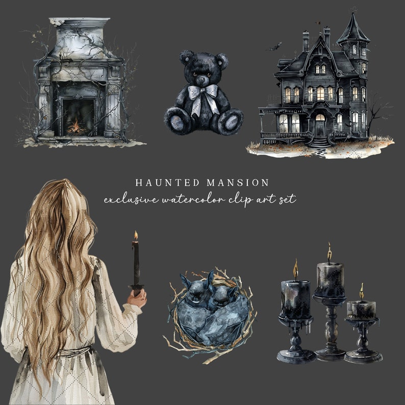 May include: A watercolor clip art set featuring a haunted mansion, a fireplace, a teddy bear, a girl holding a candle, a nest of bats, and three black candlesticks with dripping wax.