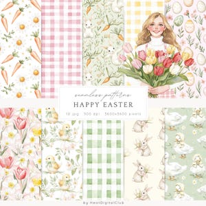 Motivi senza soluzione di continuità di Pasqua felice ad acquerello, motivo a quadri a quadretti JPEG, fiori, coniglietti, download digitale, motivo pasquale, carta per album