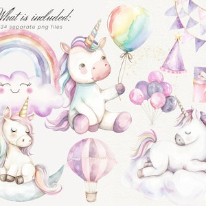 K&ouml;nnte beinhalten: Ein Set mit Aquarell-Illustrationen, die ein Einhorn mit Regenbogenm&auml;hne und -schwanz, einen Regenbogen, eine Wolke, einen Hei&szlig;luftballon, einen Mond, einen Geburtstagshut, eine Geschenkbox und Ballons zeigen. Die Illustrationen sind perfekt zum Erstellen von Einladungen, Karten und anderen Partydekorationen.