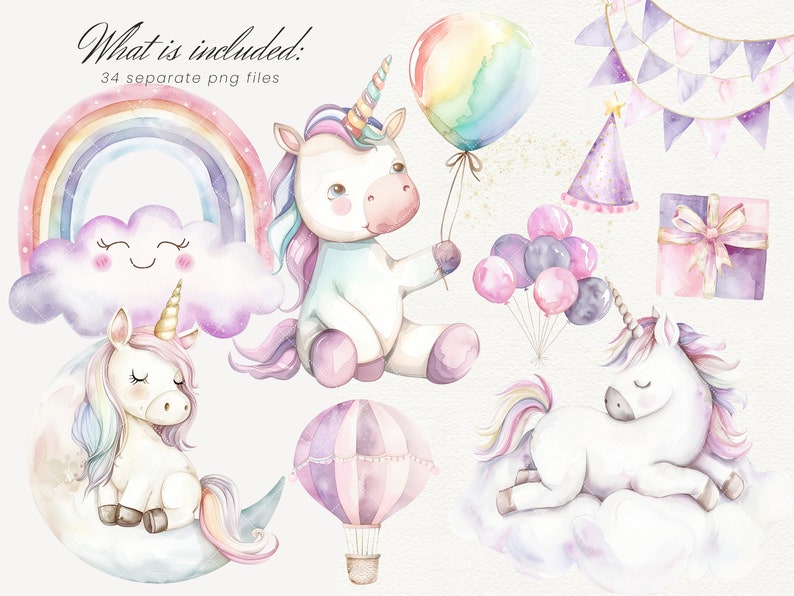 K&ouml;nnte beinhalten: Ein Set mit Aquarell-Illustrationen, die ein Einhorn mit Regenbogenm&auml;hne und -schwanz, einen Regenbogen, eine Wolke, einen Hei&szlig;luftballon, einen Mond, einen Geburtstagshut, eine Geschenkbox und Ballons zeigen. Die Illustrationen sind perfekt zum Erstellen von Einladungen, Karten und anderen Partydekorationen.