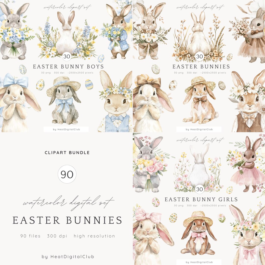 Watercolor Easter Bunnies Clipart, Spring Floral PNG (digital Download ...