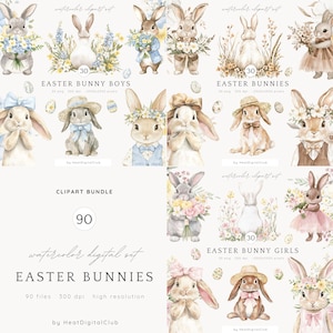 Watercolor Easter Bunnies Clipart, Cute  Bunny PNG, Bunnies Clipart, Spring Floral Clipart, Nursery Clip Art, Easter Digital Download