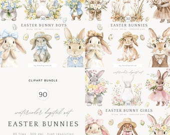 Watercolor Easter Bunnies Clipart, Cute  Bunny PNG, Bunnies Clipart, Spring Floral Clipart, Nursery Clip Art, Easter Digital Download