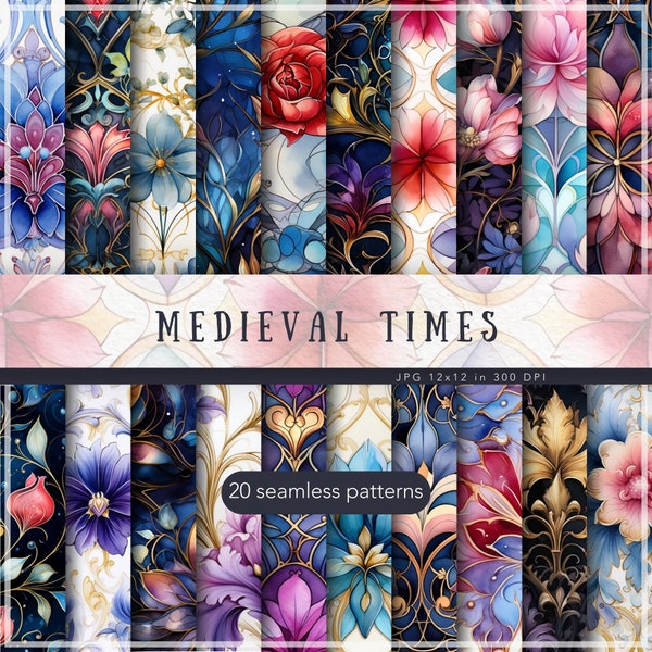 Seamless Watercolor Medieval Times Floral Patterns, Botanical Digital Download JPEG, Repeating Pattern Digital Papers Scrapbook Paper