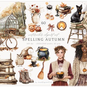 Aquarell Rechtschreibung Herbst Clipart Set, Herbst Clipart, Gemütliche Cottagecore Clipart, Herbst Magie Clipart, Witchy Herbst PNG, Herbst Hexe PNG