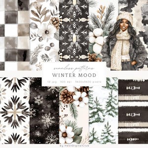 Aquarell Winter Stimmung Musterdesign, gemütliche Winter JPEG, Schneeflocken, digitales Rapportmuster, Scrapbook Papier