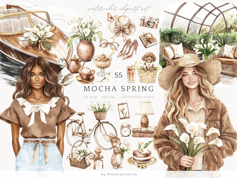 May include: A watercolor clipart set called "Mocha Spring" featuring 55 illustrations. The set includes a woman in a brown jacket holding a bouquet of white calla lilies, a woman in a brown top and blue jeans, a boat, a bicycle, a rabbit, a cake, a coffee cup, a lamp, a clock, a vase of white calla lilies, a potted plant, a wicker basket, a hat, a pair of shoes, a pair of glasses, a book, a camera, and a glass of iced coffee.