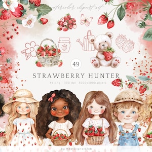 Aquarel Strawberry Hunter clipartbundel, kleine meisjes illustraties, babyshower graphics, leuke jongens decor, bloemen, spatten scrapbooking