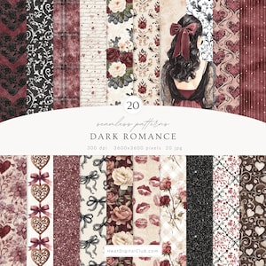 Könnte beinhalten: Eine digitale Kunstsammlung mit dem Titel "Dark Romance" mit 20 nahtlosen Mustern. Die Muster umfassen florale Designs, Herzen, Schleifen und Karomuster in Burgunder-, Schwarz- und Cremetönen. Das Bild zeigt auch eine Frau mit einer großen Schleife.