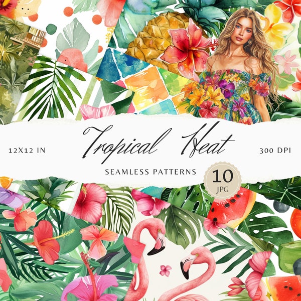 Watercolor Tropical Heat Seamless Patterns, Floral Pattern JPEG, Exotic flowers Digital Download, Repeating pattern Scrapbook Paper
