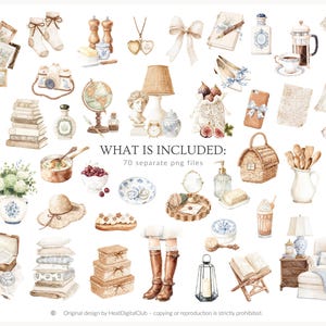 May include: Watercolor illustrations of vintage-themed objects, including a globe, books, a violin, a dress, and a lamp. The image features a variety of items in soft, muted colors, such as beige, blue, and brown. The text "WHAT IS INCLUDED: 70 separate png files" is also present.