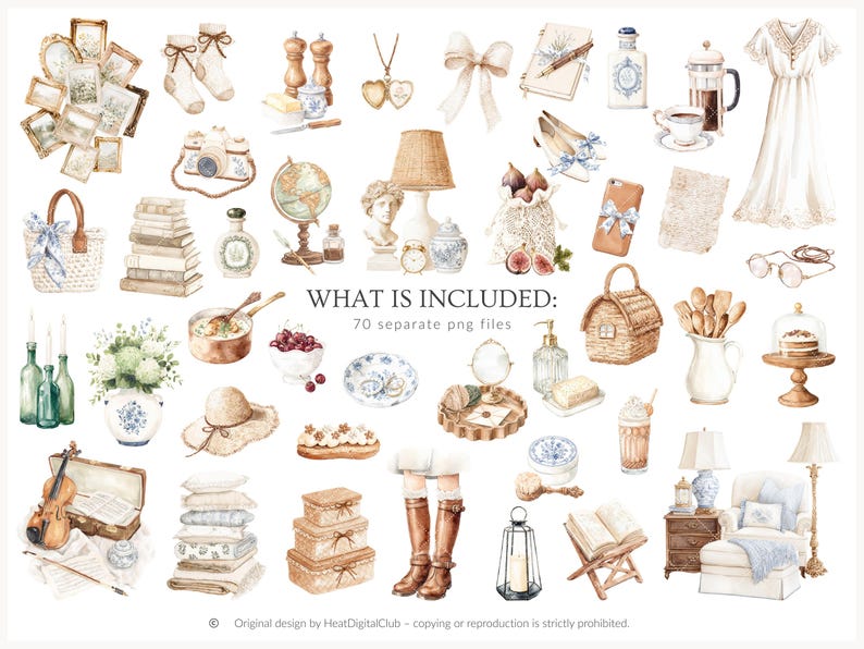 May include: Watercolor illustrations of vintage-themed objects, including a globe, books, a violin, a dress, and a lamp. The image features a variety of items in soft, muted colors, such as beige, blue, and brown. The text "WHAT IS INCLUDED: 70 separate png files" is also present.