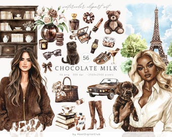 Watercolor Chocolate Milk Clipart, Paris Fashion PNG (Digital Download)