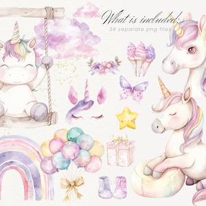 K&ouml;nnte beinhalten: Ein Set mit 34 Aquarell-Illustrationen, die eine Einhorn auf einer Schaukel, einen Regenbogen, Ballons, einen Schmetterling, einen Stern, eine Geschenkbox, einen Einhornkopf, ein Einhorn mit geschlossenen Augen, ein Einhorn mit offenen Augen und ein Einhorn mit einer Regenbogenm&auml;hne und einem Regenbogen-Schwanz zeigen.
