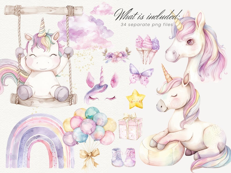K&ouml;nnte beinhalten: Ein Set mit 34 Aquarell-Illustrationen, die eine Einhorn auf einer Schaukel, einen Regenbogen, Ballons, einen Schmetterling, einen Stern, eine Geschenkbox, einen Einhornkopf, ein Einhorn mit geschlossenen Augen, ein Einhorn mit offenen Augen und ein Einhorn mit einer Regenbogenm&auml;hne und einem Regenbogen-Schwanz zeigen.