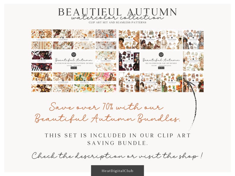 May include: A digital illustration set featuring watercolor clip art and seamless patterns with an autumn theme. The set includes images of leaves, pumpkins, acorns, and other fall elements. The text "Beautiful Autumn Watercolor Collection" is displayed at the top of the image.