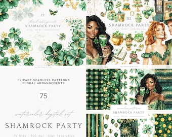 Watercolor St.Patrick’s Day Clipart, Shamrock Party PNG, Irish Clip Art, Green St Patricks Day, green Patrick png, Cottagecore clip art