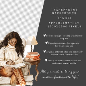 May include: A watercolor illustration of a woman sitting in a chair, reading a book. She is wearing a white sweater and brown pants. There is a lamp and a stack of books on a table next to her. The background is a transparent checkered pattern.