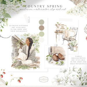 Pu&ograve; includere: Set di clip art ad acquerello intitolato "Country Spring". L'immagine presenta illustrazioni di una donna, una sedia, scarpe e composizioni floreali. Il testo include "Seamless patterns are available" e "Floral arrangements are available."