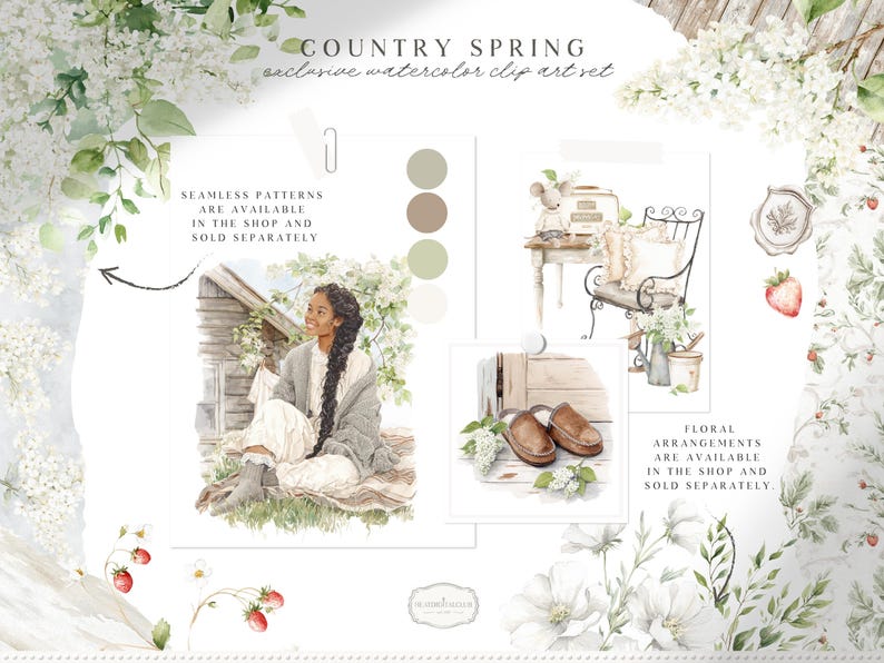 Pu&ograve; includere: Set di clip art ad acquerello intitolato "Country Spring". L'immagine presenta illustrazioni di una donna, una sedia, scarpe e composizioni floreali. Il testo include "Seamless patterns are available" e "Floral arrangements are available."