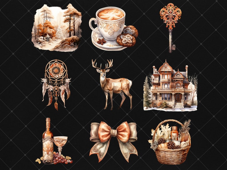 May include: A collection of watercolor illustrations featuring a forest scene, a cup of coffee with cookies, a key, a dreamcatcher, a deer, a house, a wine bottle and glass, a bow, and a basket of fruit and pine cones.