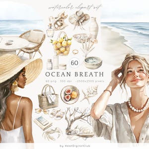 Bundle de cliparts aquarelle océan souffle, plage temps PNG Clip Art, plage d'été neutre, illustrations de mode, vacances côtières, usage commercial