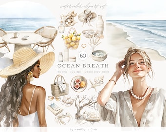 Aquarell Strand Clipart Bundle, Küsten Mode Illustrationen (digitaler Download)