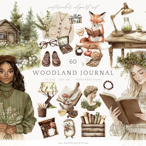 Aquarel Woodland Journal clipart, Cottagecore-illustraties, rustieke illustraties, plannerstickers, bos png, digitale download, commercieel gebruik