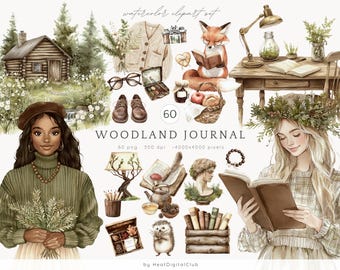 Clipart de diario de bosque en acuarela, clip art de estilo cottagecore, clip art rústico, pegatinas para planificador, PNG de bosque, descarga digital, uso comercial