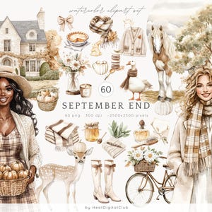 Conjunto de clipart de final de setembro em aquarela, clipart de outono, PNG de outono neutro e aconchegante, abóboras, garotas da moda, cottagecore, adesivos para download digital