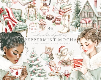 Akvarell pepparmynta mocha jul Clipart, vinter PNG (digital nedladdning)