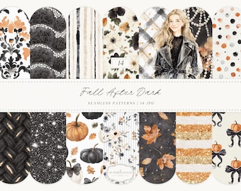 Watercolor Fall Seamless Patterns, Dark Floral Autumn Digital Paper (Digital Download)