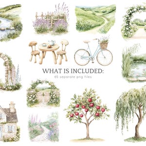 Puede incluir: Ilustraciones de acuarela de varias escenas de jard&iacute;n, que incluyen un arco de piedra, una mesa de madera con sillas, una bicicleta, un estanque, una caba&ntilde;a y un sauce llor&oacute;n. Las ilustraciones est&aacute;n en un estilo suave y rom&aacute;ntico y presentan detalles delicados.
