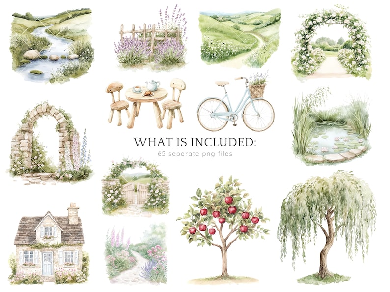 Puede incluir: Ilustraciones de acuarela de varias escenas de jard&iacute;n, que incluyen un arco de piedra, una mesa de madera con sillas, una bicicleta, un estanque, una caba&ntilde;a y un sauce llor&oacute;n. Las ilustraciones est&aacute;n en un estilo suave y rom&aacute;ntico y presentan detalles delicados.
