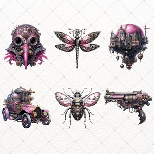 May include: A set of six steampunk-style illustrations featuring a pink and silver gas mask, a pink and silver dragonfly, a pink and silver airship, a pink and silver beetle, a pink and silver car, and a pink and silver pistol.