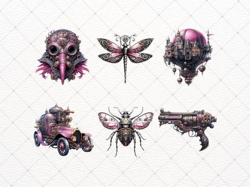 May include: A set of six steampunk-style illustrations featuring a pink and silver gas mask, a pink and silver dragonfly, a pink and silver airship, a pink and silver beetle, a pink and silver car, and a pink and silver pistol.