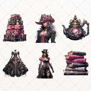 May include: A collection of vintage-inspired items, including a stack of pink and black suitcases, a black dress with pink floral accents, a woman in a pink and black steampunk outfit, a woman in a pink and black Victorian-style dress, a teapot with a pink and black design, and a stack of books with pink and black covers.