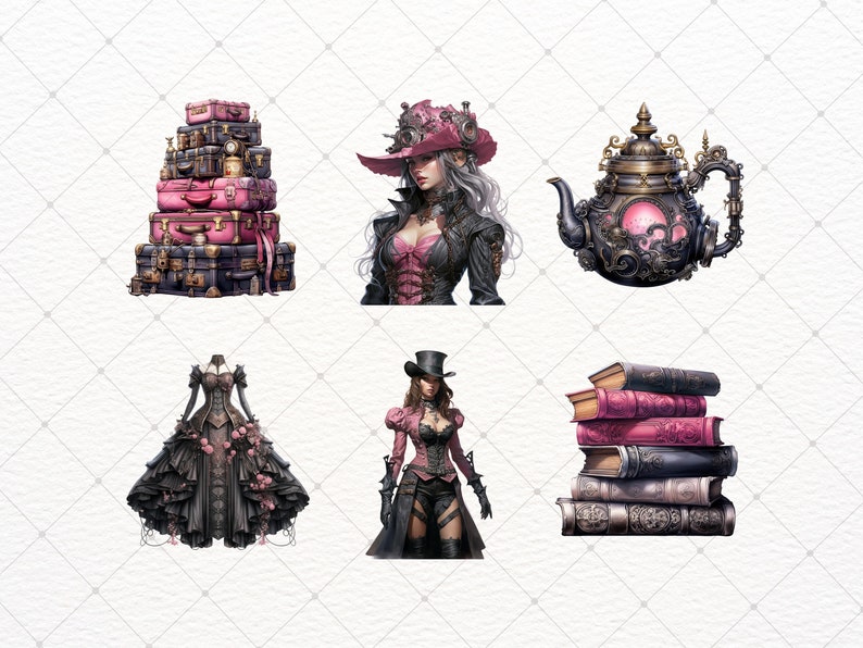 May include: A collection of vintage-inspired items, including a stack of pink and black suitcases, a black dress with pink floral accents, a woman in a pink and black steampunk outfit, a woman in a pink and black Victorian-style dress, a teapot with a pink and black design, and a stack of books with pink and black covers.