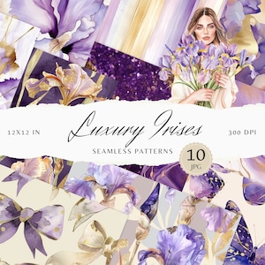 Watercolor Irises Seamless Pattern, Purple and Gold Floral (Digital Download)