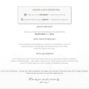 Op de afbeelding: Een cr&egrave;mekleurige afbeelding met tekst in een schreefletter. De tekst bevat "Follow & Stay Connected", Instagram- en websiteadressen en shopaankondigingen. Extra tekst is "Love Your Purchase?" en "Have Questions?"