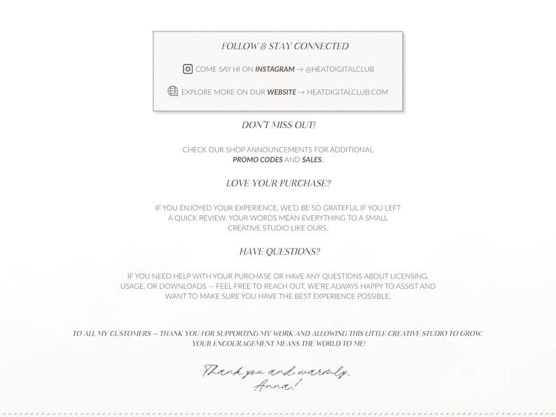 Op de afbeelding: Een cr&egrave;mekleurige afbeelding met tekst in een schreefletter. De tekst bevat "Follow & Stay Connected", Instagram- en websiteadressen en shopaankondigingen. Extra tekst is "Love Your Purchase?" en "Have Questions?"
