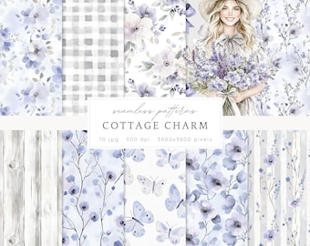 Watercolor Cottage Charm Seamless Patterns, Floral Rustic JPEG, Cottagecore Pattern, Flowers, Digital Repeating pattern, Scrapbook Paper