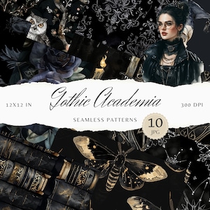Può includere: Un set di 10 motivi digitali senza cuciture a tema accademia gotica. I motivi presentano colori nero e oro con illustrazioni di gufi, falene, teschi, libri e motivi floreali. I motivi sono di 12x12 pollici e 300 DPI.