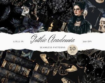 May include: A set of 10 digital seamless patterns in a gothic academia theme. The patterns feature black and gold colors with illustrations of owls, moths, skulls, books, and floral designs. The patterns are 12x12 inches and 300 DPI.