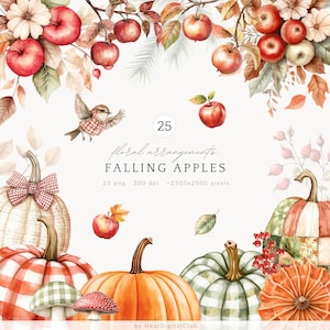 Aquarel vallende appels bloemen clipart, herfstarrangementen, appels en pompoenen illustraties, herfstbladeren png, gezellige boerderij elementen, digitaal