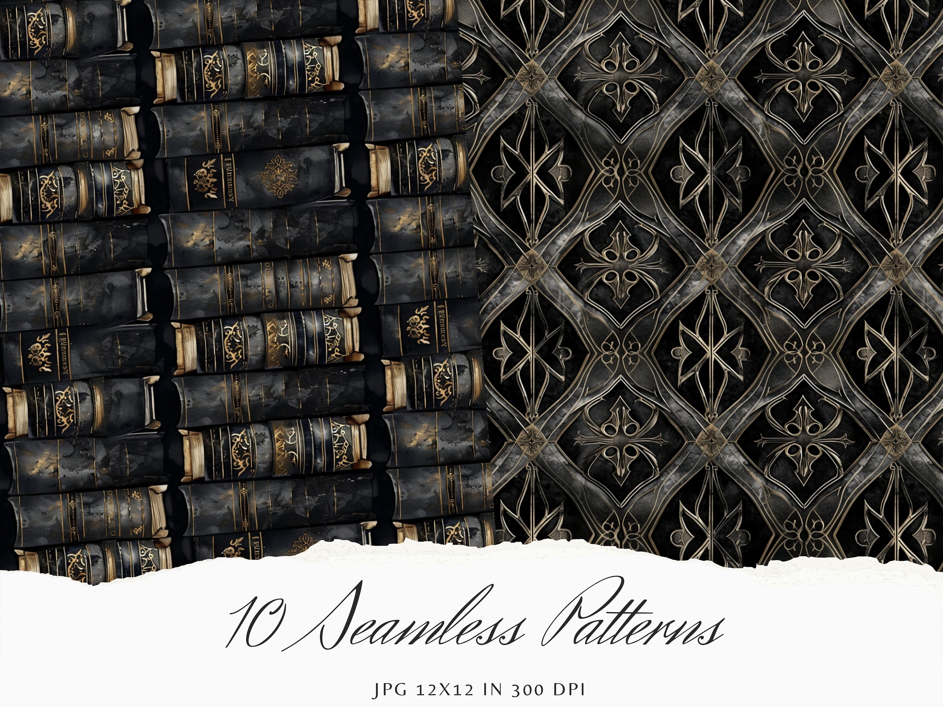 Watercolor Gothic Academia Seamless Patterns, Pattern JPEG, Flora Lace ...