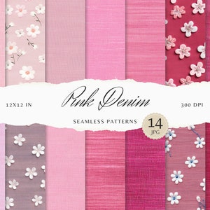 May include: A set of 14 digital seamless patterns featuring pink denim textures with white floral designs. The patterns are 12x12 inches and 300 DPI.
