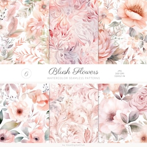 6 Seamless Soft Pink Watercolor Flowers Patterns - JPEG - Digital Download - Repeating Pattern - Digital Papers - Scrapbook Paper - Wedding