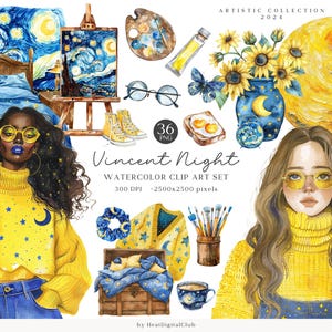 Acquerello Vincent Night Clip Art, Set di clipart in stile Vincent van Gogh, PNG artistico fantasy, La notte stellata, Adesivi per il download digitale